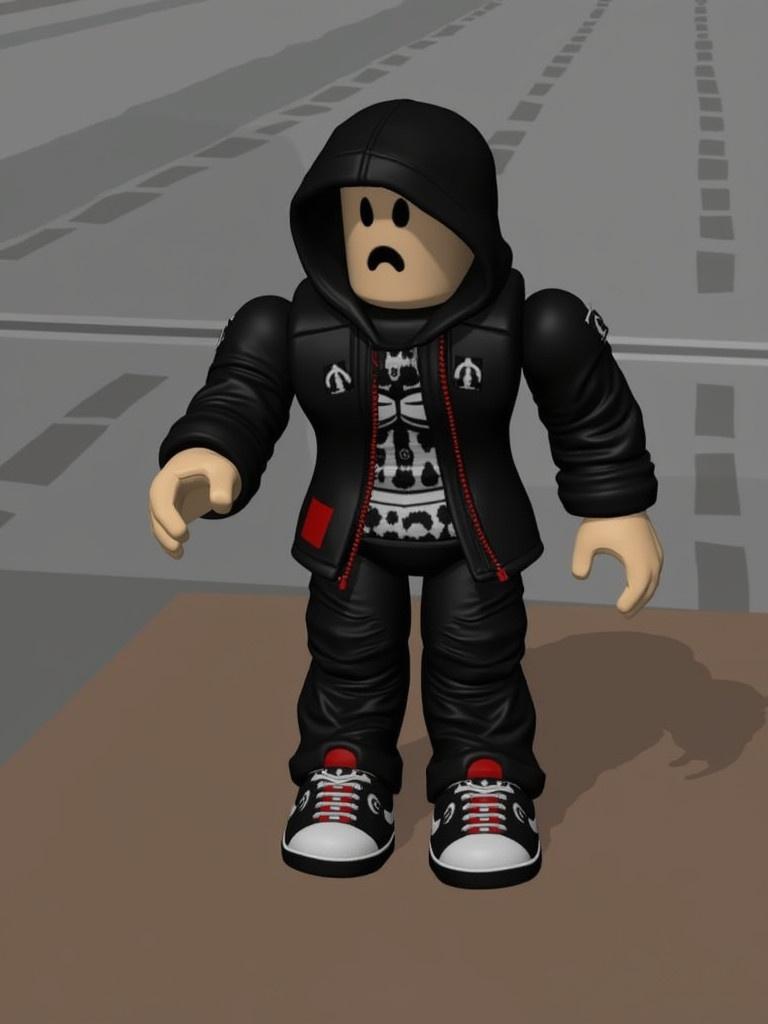 Roblox character dressed in a black hoodie and pants with red accents standing on a surface. Character has a sad face and wears sneakers. Background features a simple, abstract design related to gaming.