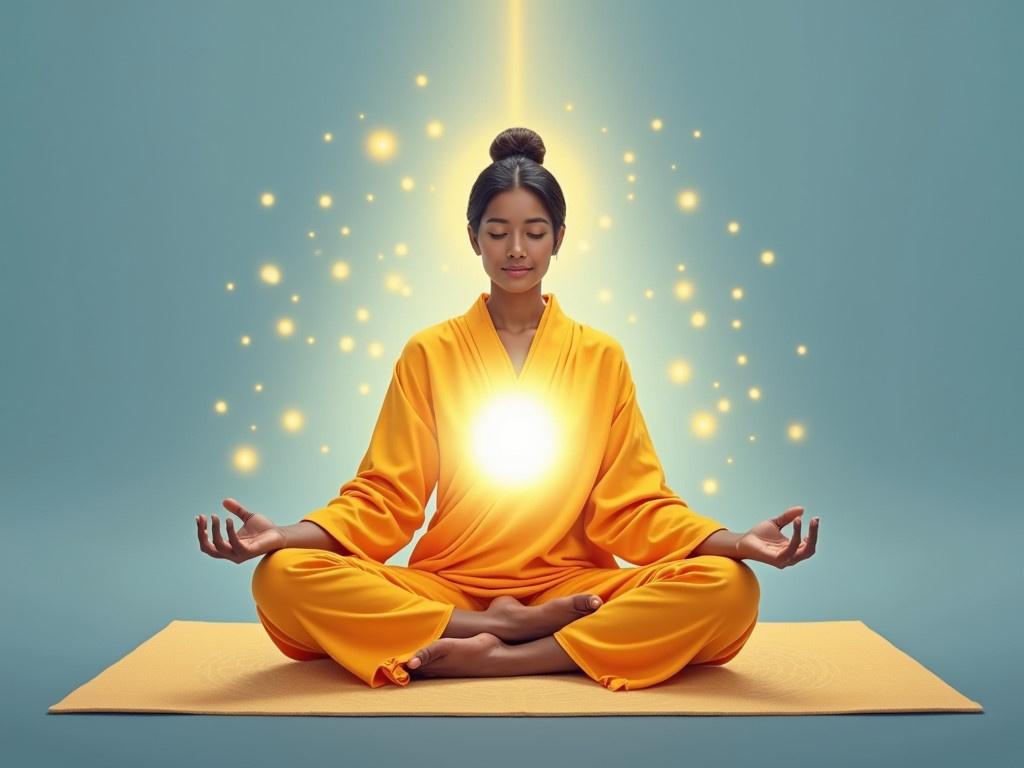 The image shows a person sitting in a meditative pose on a soft, patterned mat. They are wearing an orange-yellow robe, symbolizing tranquility and spiritual awakening. The background is a soft blue, creating a calm atmosphere. A radiant light is emanating from the person's heart area, symbolizing inner peace and enlightenment. The surrounding light design is infused with soft glows and swirls, adding to the mystical feel of the scene. The person appears to be in a deep state of meditation. This visual evokes feelings of serenity and spiritual connection.