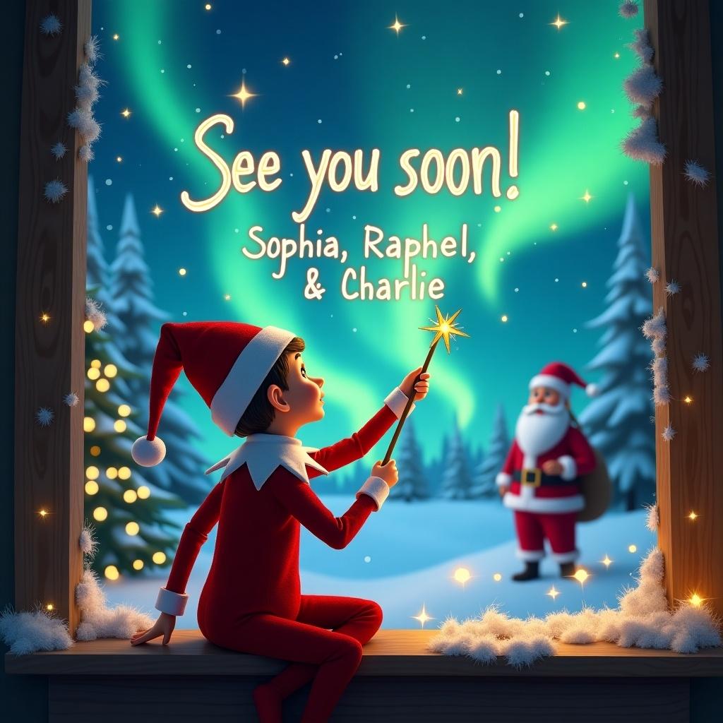 An elf on the shelf is depicted with its back facing the viewer, gazing at a mesmerizing sky filled with northern lights. With a magical wand in hand, the elf is drawing the words 'See you soon! Sophia, Raphael, & Charlie' into the sky. The background features Santa Claus standing cheerfully in a snowy landscape, surrounded by a magical winter atmosphere. The elf's vibrant red outfit stands out against the enchanting night sky. The scene is beautifully lit with a warm, festive glow, perfect for the holiday season.