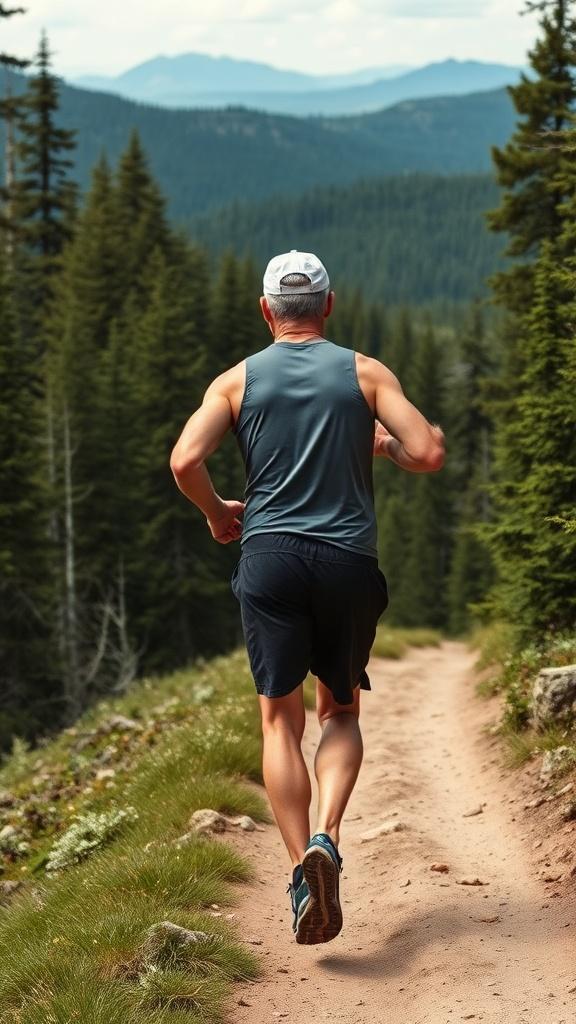 A man running on a forest trail, surrounded by pine trees and mountains in the background.