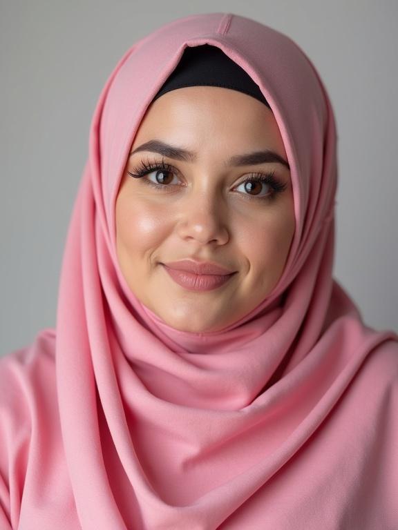 Portrait of a confident woman wearing a pink hijab. She is looking directly at the viewer. Her expression is friendly and approachable. The background is neutral.