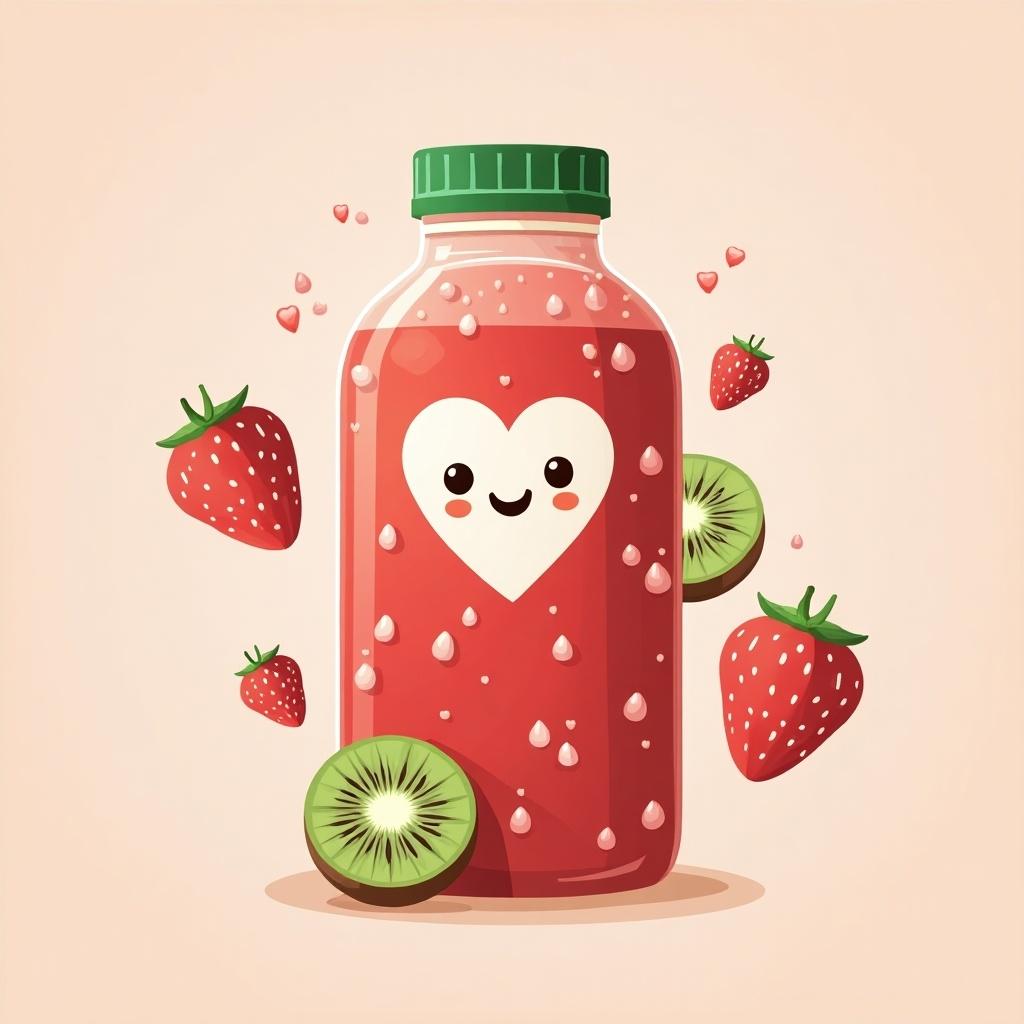 Cute juice label featuring a strawberry kiwi flavor. Illustrates a smiling juice bottle with a heart-shaped label. Surrounding it are fresh strawberries and a kiwi. The design is playful and colorful.