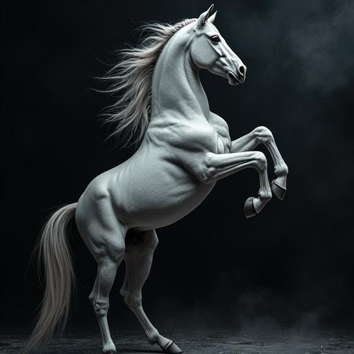 A gray horse is rearing up. Dark swirling background adds drama to the scene.