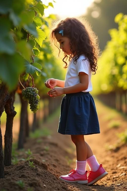 A 10-year-old girl stands beside a vine. She checks the quality of grapes by hand. Girl wears a short white top and dark blue skirt. Pink ankle socks and shoes are worn. Dark brown curly hair frames her face. Late summer sun casts a warm glow over vines.