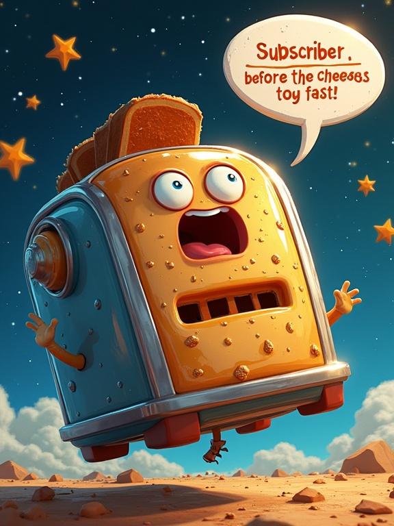 A cartoon character squished in a toaster floating in space. The character yells about subscribing. Colorful background with stars and syrup. Pixar animated style with detailed expressions.