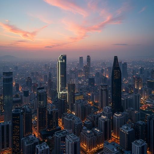 A panoramic view of Manila during the evening. High buildings are observed. The skyline includes a mix of modern and traditional architecture. The sky displays orange and blue hues.