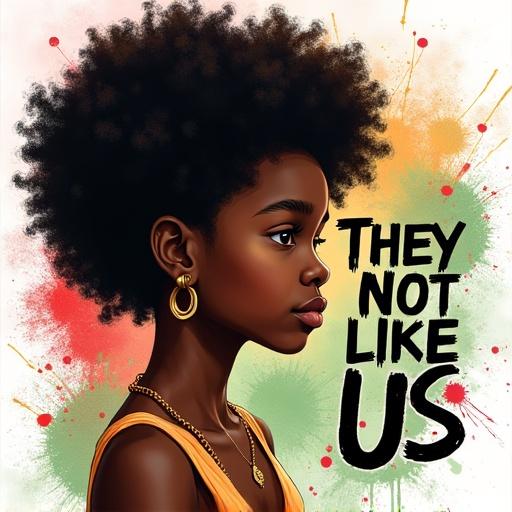 Airbrush style t-shirt design shows confident young Black girl. She has natural afro puffs. Girl is facing forward wearing gold hoop earrings. Bold graffiti script reads 'They Not Like Us'. Background features vibrant Pan-African splashes in red, green, black. Image is 300 DPI with transparent background. Focus on Juneteenth empowerment.