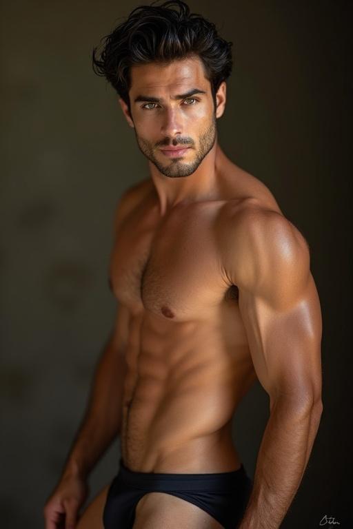 Handsome man with muscular body stands in underwear. Dark hair styled. Green eyes looking intensely at camera. Posing in a sexy manner.
