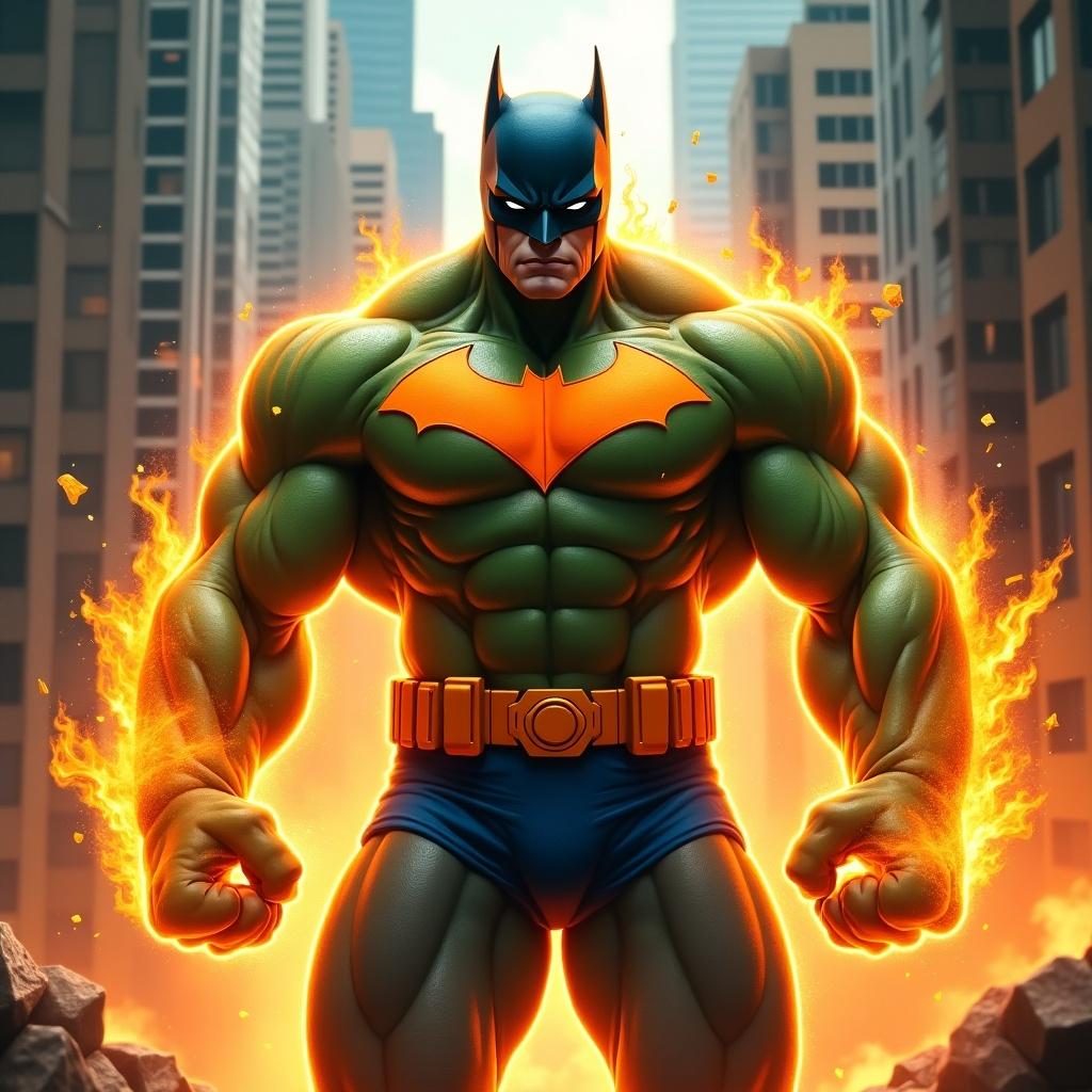 Image features a powerful character combining aspects of Batman and Hulk. Character stands confidently with a muscular frame. Bright orange flames envelop the character. Outfit is orange and blue. The background shows a dramatic cityscape. Illustrates a fusion of strength and determination in a vivid setting.