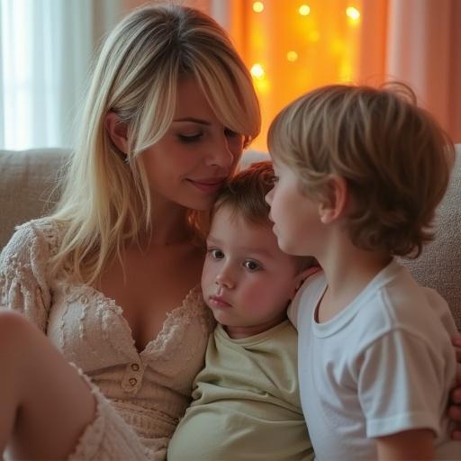 Beautiful mother and two boys sitting on a sofa. Birthday party setting. Bright background lights. Low resolution and slightly over-saturated colors.