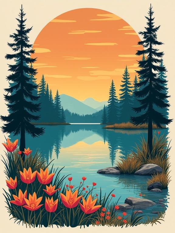 Create a surreal graphic poster design. Bold colors and playful elements. Clear small lake with mountain background. Text area remains blank. Decorative elements around words.