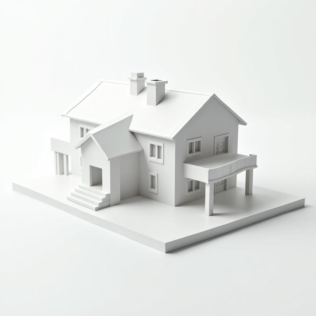 This image features an enticing white architectural model of a house. The model is meticulously crafted with clean lines and a modern design. It showcases detailing like stairs, windows, and a balcony. The monochromatic color scheme emphasizes the model's simplicity and elegance. Ideal for presentations or educational purposes, this model highlights contemporary architectural design.