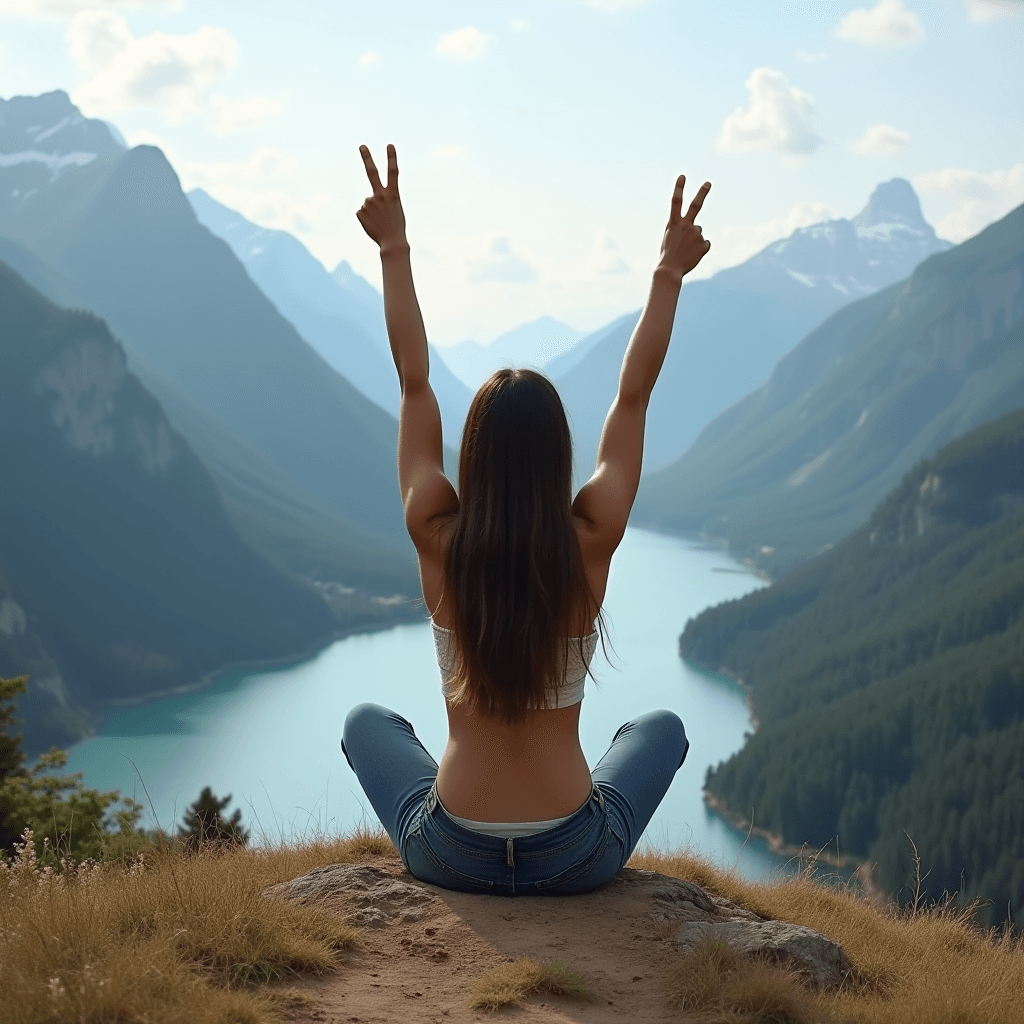 A person enjoying a scenic view of a river winding through mountainous terrain, embracing tranquility.