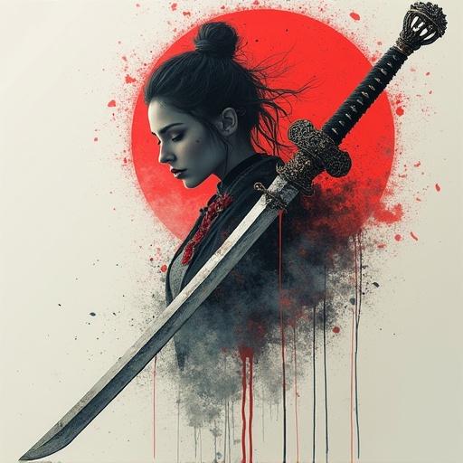 A folding spellsword and a twilight wakizashi displayed artistically. The scene combines alcohol ink sketch and Gothic art. Dynamic paint-drip effects create a sense of chaos. The mood is suspenseful, reflecting opulent decay and folklore inspiration. Hyperrealistic textures and embedded ancient embroidery enhance the visual appeal.