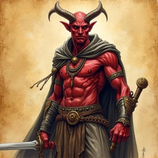 2.5D sketch of male tiefling paladin with red skin and short horns. Character wears a charm and chainmail. Holds a long sword and wears platte pants. Cinematic look with intense expression. Colored pen style with visible pencil strokes. Background is yellowed papyrus leaf. Non-photorealistic style with soft cel shading and artistic depth of field.