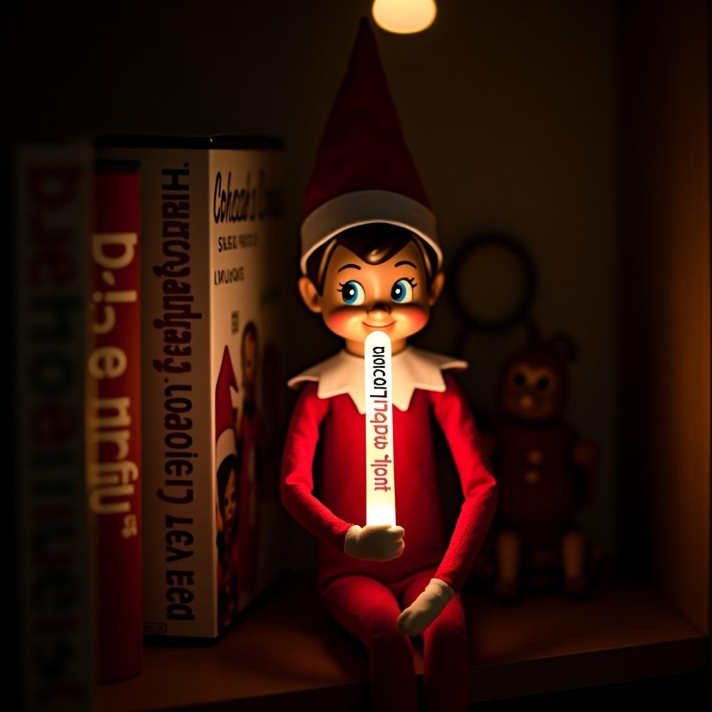 Elf on the shelf in red and white outfit holding a glow stick. Glow stick writes names 'Annabell, Kayden, Nixon, and Oliver'. Dark background enhances glow. Creates festive and warm atmosphere of Christmas joy.