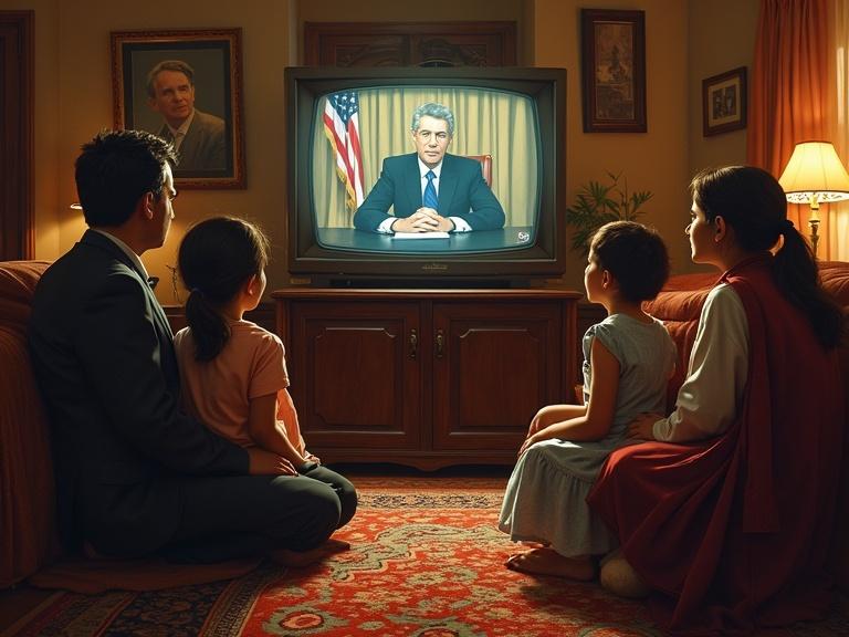 Bustling Iranian family gathering. Warmly lit living room. Vintage television shows President Jimmy Carter in the Oval Office. Children exhibit awe. Parents blend nostalgia with political intrigue. Rich textures and vibrant colors in the room. Muted tones of the historical broadcast. Photorealistic style captures emotional weight of history.