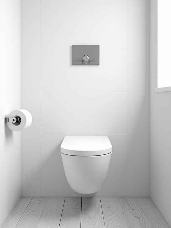 Photo of modern bathroom with wall-mounted toilet closed lid. Toilet paper holder on left wall with silver roll. Rectangular flush plate above toilet. White textured tiles on wall. Light wood-style floor tiles. Minimalist design with bright lighting. Indoor setting without people. Clean, modern aesthetics.