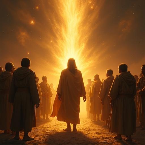 Image depicting Enoch glowing with divine light surrounded by villagers. Villagers look at Enoch with awe and unease. Realistic style with warm tones. 9:16 aspect ratio.