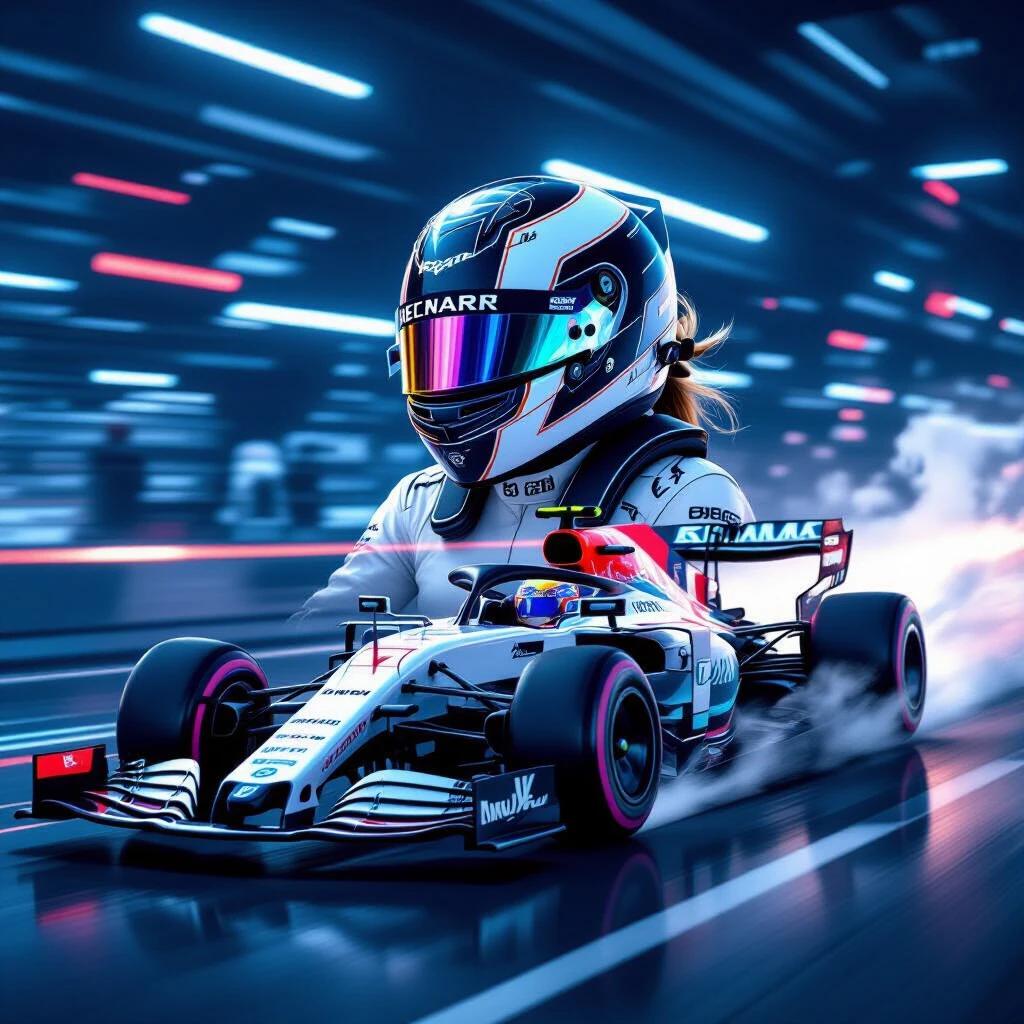 Futuristic Formula 1 race scene featuring a female driver in a high-tech helmet. The car has an ultra-aerodynamic design inspired by Shinkansen and penguins. It has a sleek body, glowing LED accents, and smoke from tires on a neon-lit racetrack.