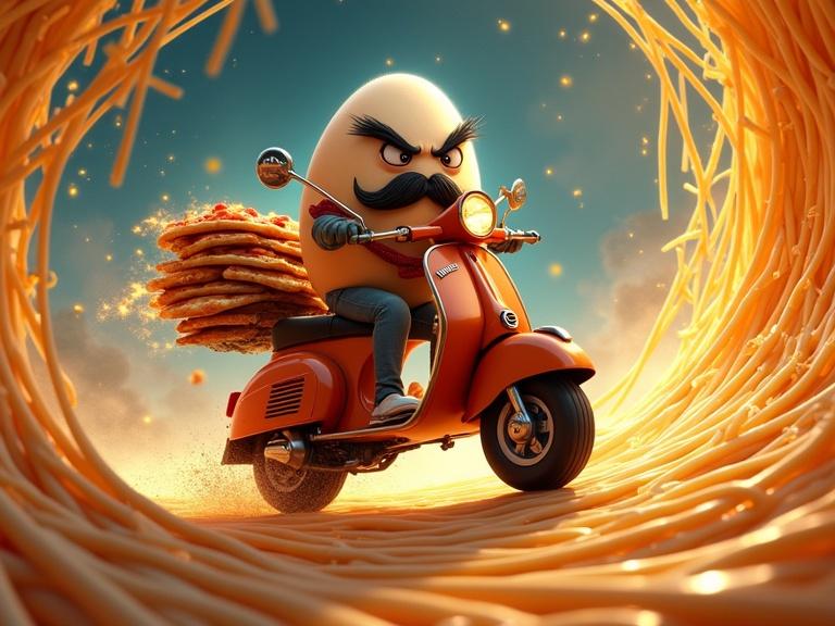 An angry egg rides a futuristic hover-vespa through a swirling wormhole made of spaghetti strands. The egg has a thick black mustache and bushy eyebrows. A pile of pizzas covered with glowing energy is on the vespa's luggage box. A red neckerchief adds Italian flair. Motion blur and speed lines highlight movement, with psychedelic colors in the background.