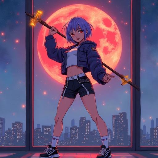 Watercolor painting of a young woman with short violet hair. Slim muscular body. Wearing a crop cargo jacket with straps. Sport shorts with anime print. High platform sneakers with metal nose. Knee socks with cute pattern. Looking at the camera with sinister smile. Gracefully stretching and flexing with fire axe. In front of a wall-sized window overlooking a night city. Blood-red moon in the sky. Dim cinematic light.