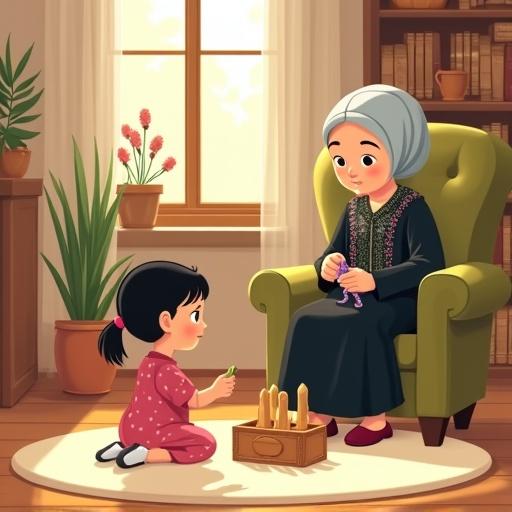 Children's book illustration of a grandmother's cozy room with warm sunlight. Grandmother crocheting. She wears a grey headscarf and black dress. A young girl named Leila plays with wooden pillars in front of her on a round rug. Bookshelves in the background. Peaceful and magical mood.
