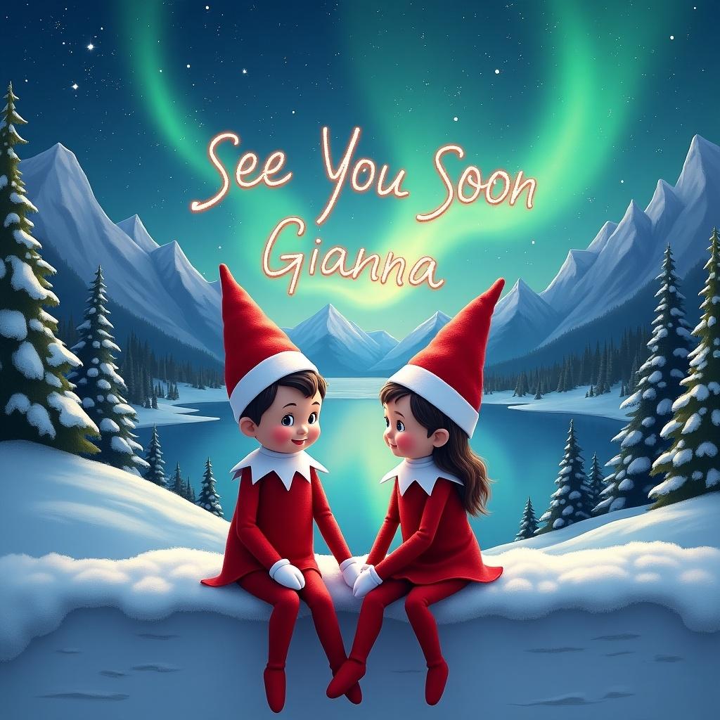 Two whimsical elves sitting on a snowy ledge. One boy dressed in red and white. One girl dressed in red and white. Writing 'See You Soon Gianna' in the sky. Magical winter landscape with mountains and a lake. Northern lights illuminating the night sky. Snowy pine trees surrounding the scene.