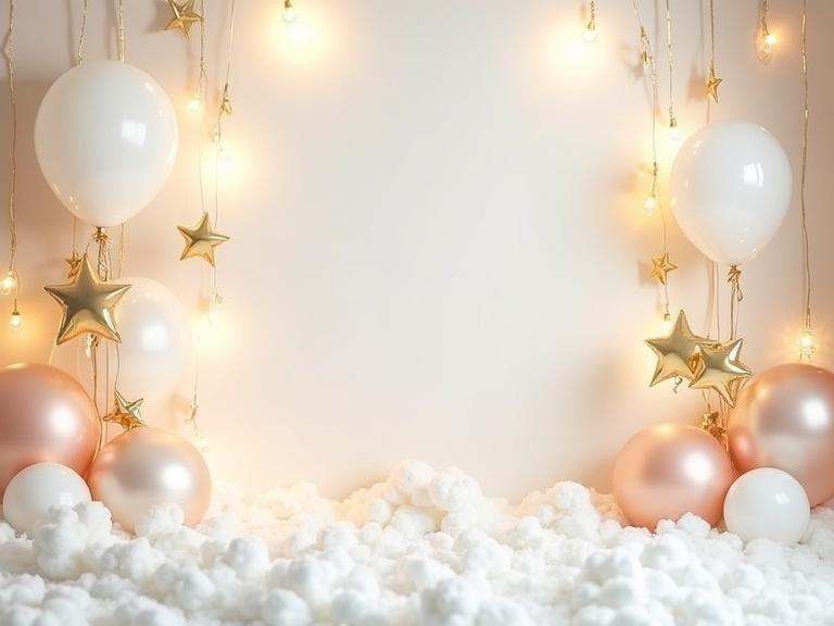 Birthday-themed photo studio background with soft light-colored wall. Decorated with white and gold balloons and hanging golden stars. Warm diffused lights create a dreamy atmosphere. Floor covered with cotton resembles snow. Soft lighting with minimal shadows. Low camera angle shooting parallel to wall. Realistic style high-quality photo resolution.