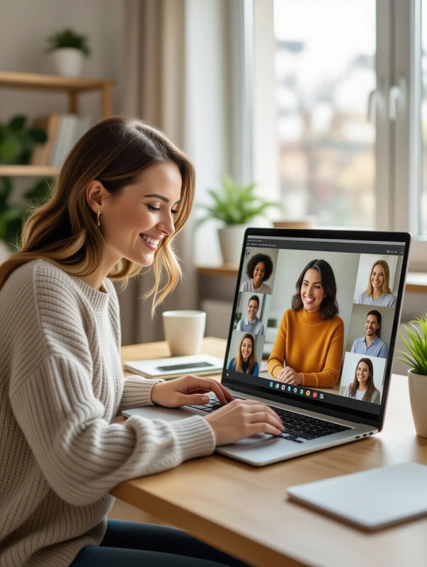 Happy mother works from home on a laptop. She smiles while seeing other moms in a virtual meeting. The home office setup is bright and inviting. Soft daylight fills the room creating a joyful atmosphere. The scene is photorealistic with vibrant colors and an empowering mood.