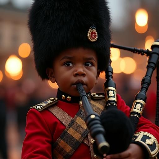 A determined three-year-old child plays Scottish bagpipes during a nighttime military parade. The child wears a miniature British military dress uniform with tartan fabric and a tall feathered hat. Focused expression highlights performance intensity. Dramatic lighting creates warmth. Blurred crowd and torch flames in the background.