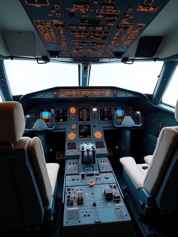 Empty cockpit of an airplane showing pilot seats and various gauges and buttons.