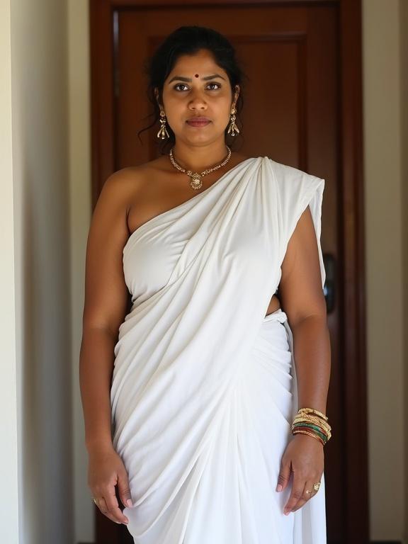 Interior portrait photograph of a woman wearing a white sarong after bath. She stands against an off-white wall with a wooden door. Traditional Kerala jewelry is worn. Natural lighting creates a relaxed atmosphere.