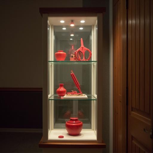 A dimly lit room with a wooden paneled wall. A tall glass display case is in the center of the image. The display case has a white column and a wooden base. Glass shelves are filled with red objects. A pair of scissors and a hairbrush are in the center of the display case. The wall behind the shelves is plain with no decorations. The room has natural light casting a warm glow on the objects.