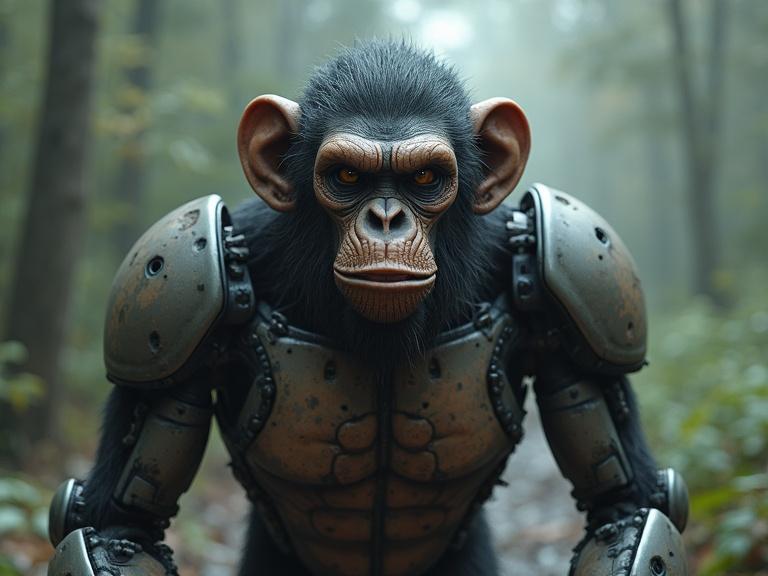 A robotic ape in a forest setting. The ape has a muscular build and is covered in metallic armor, with intricate details on the armor. Trees are blurred in the background, creating a moody atmosphere.