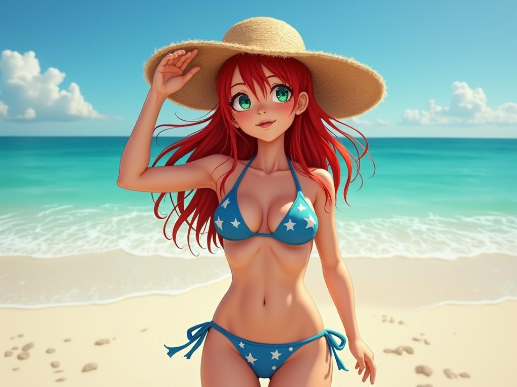 This digital illustration features an anime-style character with long red hair, wearing a blue starry bikini and a wide-brimmed straw hat. She stands confidently at the beach, with the ocean's turquoise waves and a clear blue sky in the background. The scene captures a sense of carefree summer joy, enhanced by the vivid colors and bright lighting.