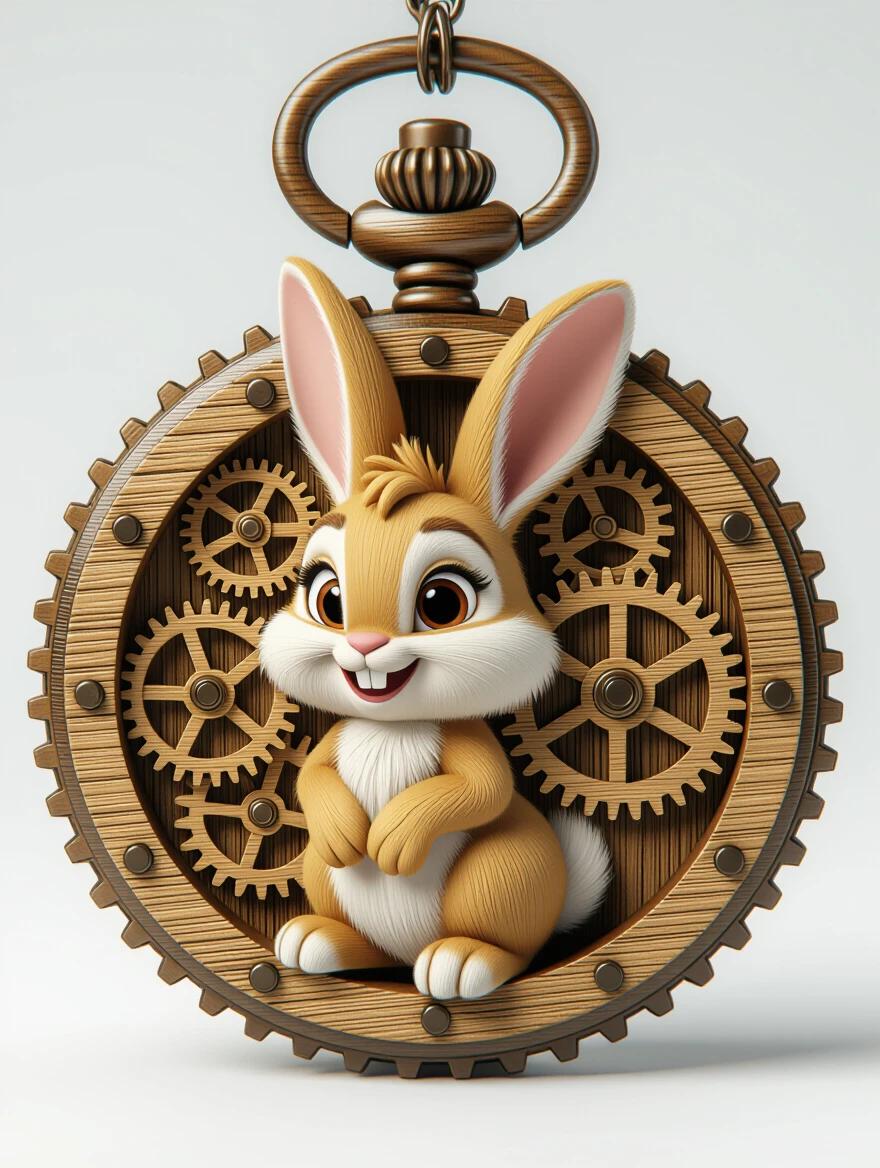 A fluffy rabbit character with big ears and a happy expression is depicted inside a wooden pocket watch. The pocket watch features aged wooden gears and cogs all around. The artwork is rendered in high quality with detailed textures.