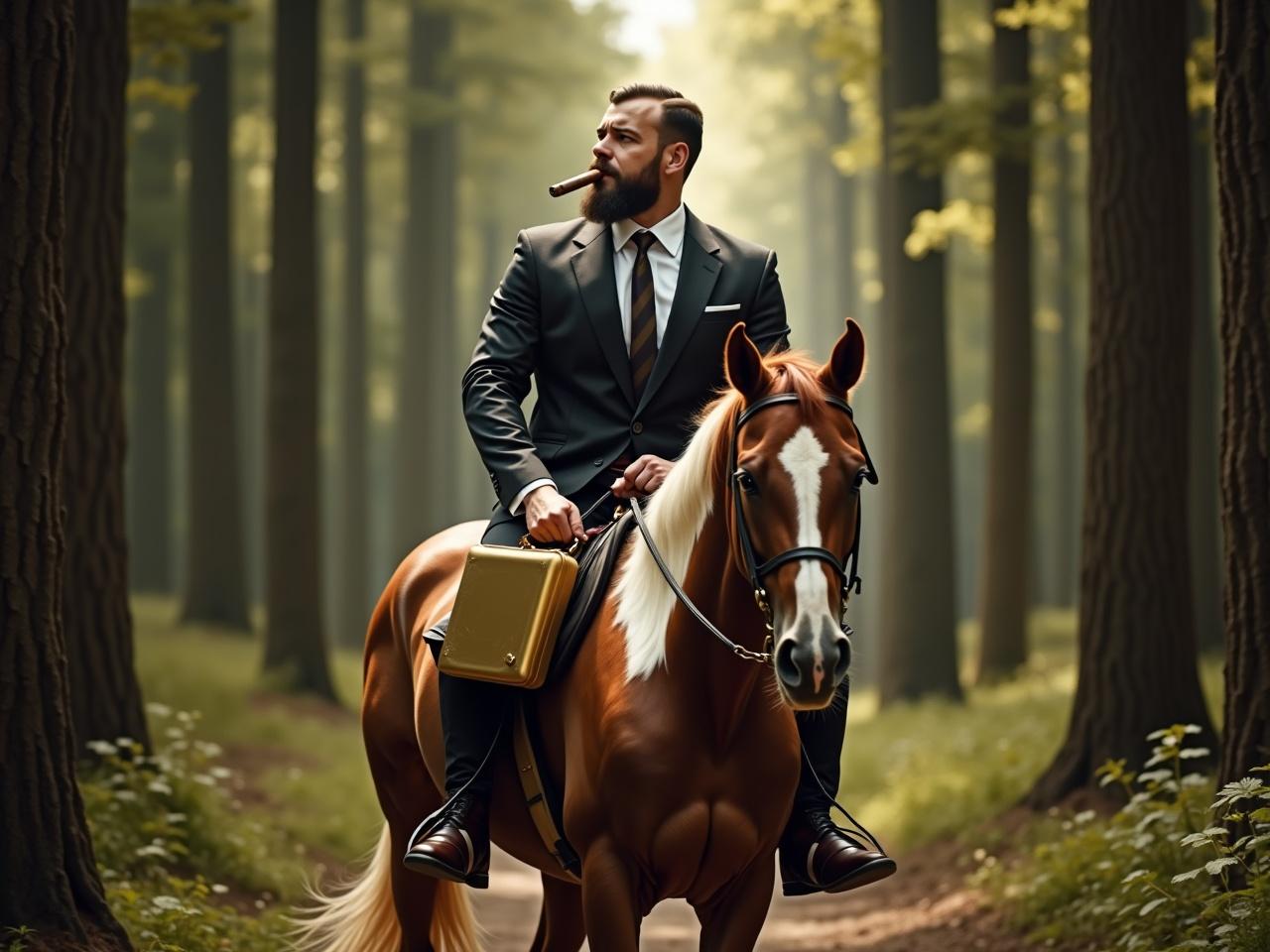 A man is riding a brown and white horse. He is emerging from a dense forest, exuding strength and power. In one hand, he holds a golden briefcase, showcasing his wealth and confidence. In the other hand, he smokes a large cigar, adding a touch of sophistication. The background features tall trees with sunlight filtering through the leaves, enhancing the vibrant atmosphere of the scene. The combination of the horse, forest, and the man's accessories creates a striking image of authority and elegance.