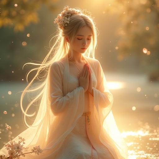 A semi-realistic full-body portrait of an ethereal young woman embodying divine light and ancient Japanese grace. She kneels or stands with hands pressed together in a prayer gesture. Eyes softly closed or looking downward with a serene expression. Flowing pale golden hair cascades over her shoulders. Elegant ceremonial robes in white, gold, and faint crimson shimmer with magical energy. Subtle embroidery of glowing sakura petals. Ethereal light particles float around her. A gentle halo of golden light blends with morning mist in a tranquil natural setting. The atmosphere is mystical and reverent.
