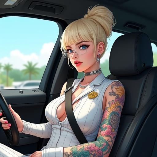 Anime illustration of woman inside modern luxury Range Rover. Beautiful woman with frosted blue eyes and high bun hairstyle. Dressed in professional pinstriped office dress. Features unique tattoos and piercings. Driving with seatbelt on. Set in Miami during spring morning.