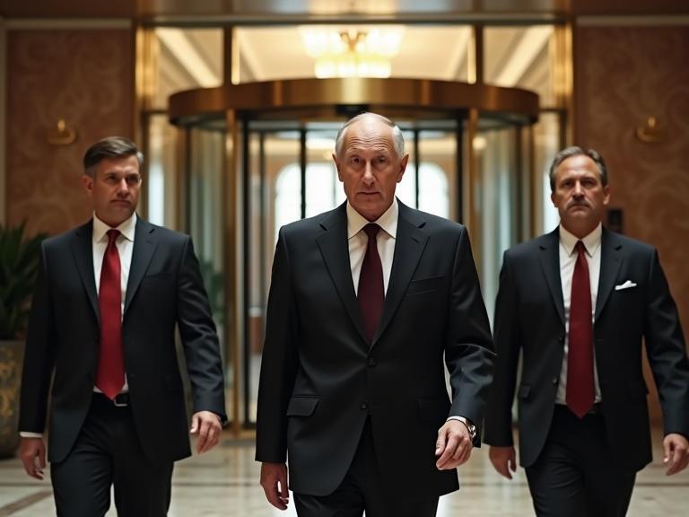 An elderly Russian trader with gray hair and a serious expression. Two bodyguards in dark suits and red ties accompany him. They enter a luxurious lobby through revolving glass doors. The lobby features marble floors and golden accents. Bright natural light illuminates the scene. Captured in 4k ultra-realistic quality.