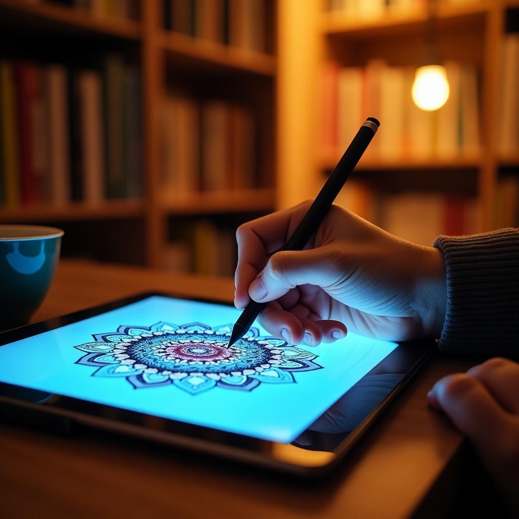 A hand drawing a mandala on a digital tablet. The background shows a library filled with books. The outer layer of the design is bold and artistic. The atmosphere is cozy with warm lighting. The tablet displays a blue screen against a beautifully crafted mandala design.