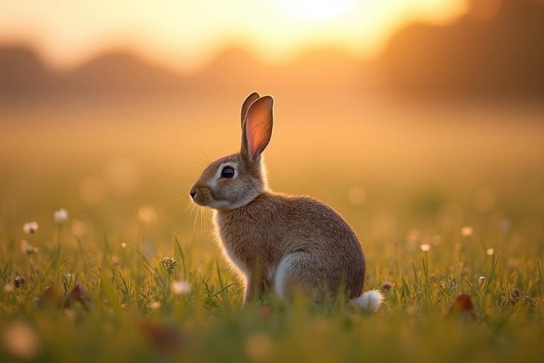 Rabbit sitting in a field. Morning light shining. Calm and peaceful atmosphere.