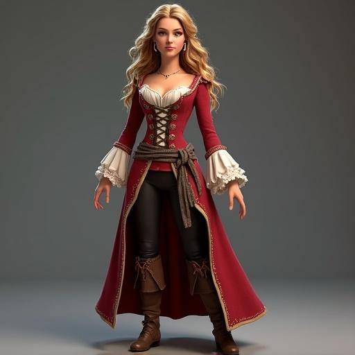 Character design inspired by a pirate, standing pose, happy expression, exaggerated features, inspired by Pixar style.