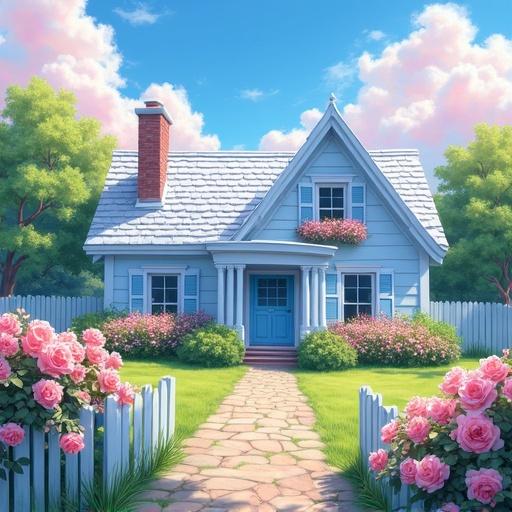 Image shows a beautiful light blue and white cottage. Cottage surrounded by light pink rose bushes. Bright sunny day with blue sky and fluffy pink and white clouds.