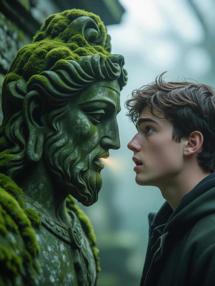 A close-up of a moss-covered stone statue has a human-like expression. The statue whispers mysteriously to the ear of a stunned young man. The man's eyes are wide with fear and awe. Soft ambient light creates an eerie glow around the statue’s mouth. Atmospheric fog is present in the background. The style is hyper-realistic with cinematic depth and highly detailed textures.