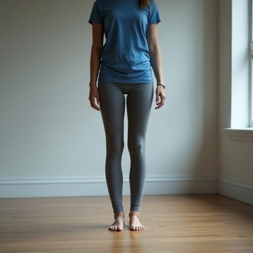 A giant woman stands in a room from a floor-level perspective. She wears gray leggings and a blue t-shirt. The lighting is soft with volumetric effects. The scene is detailed and hyper realistic.