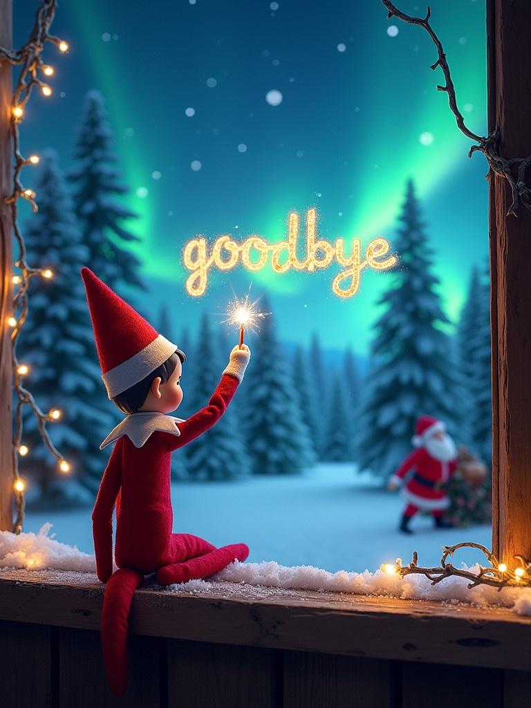 A scene with an elf on a shelf facing a night sky. Elf writes 'goodbye' using a wand. Magical Christmas setting with northern lights and snow-covered trees. Santa Claus in the distance. Twinkling lights enhance the enchanting feel.