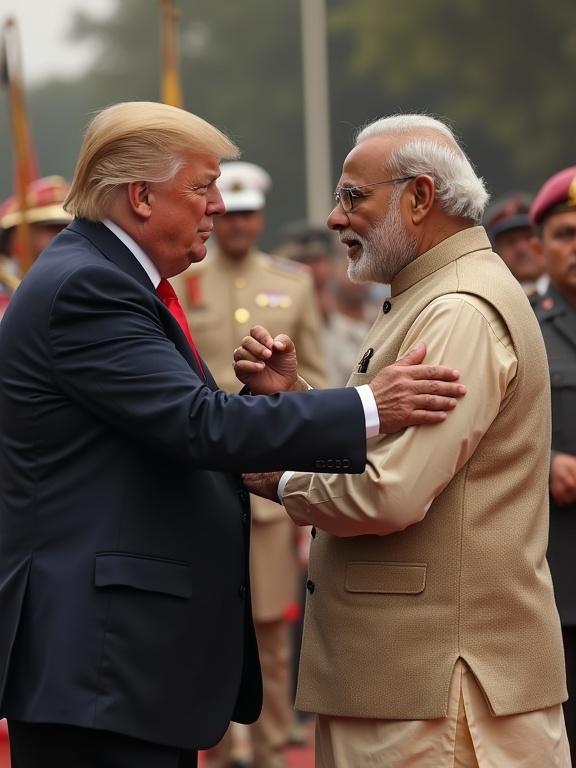 Image of Donald Trump and Narendra Modi greeting with a handshake. Both are smiling. Donald Trump wears a suit and tie. Narendra Modi is in traditional attire. Background shows military officials and a ceremonial setting.