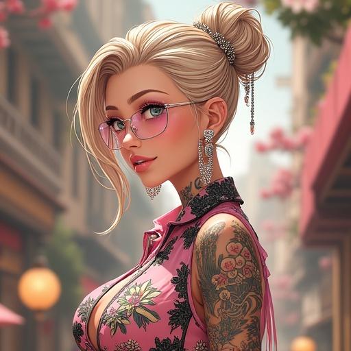 Anime style character in luxurious Prada store. Woman with emerald green eyes and light blonde French bun. Wearing pink diamond sunglasses. Outfits include hip hop printed shirt and shiny short shorts. Features elegant jewelry and traditional Japanese tattoos. Speculative futuristic cybernetic design. Summer morning scene in Cherry Blossom Village.